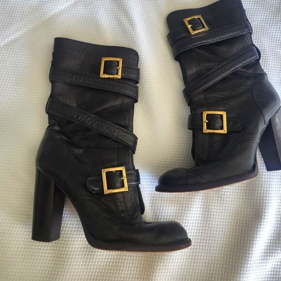 Tory Burch Black and Gold Heeled Boots with Chunky Heel and Gold Buckles - Picture 1 of 14